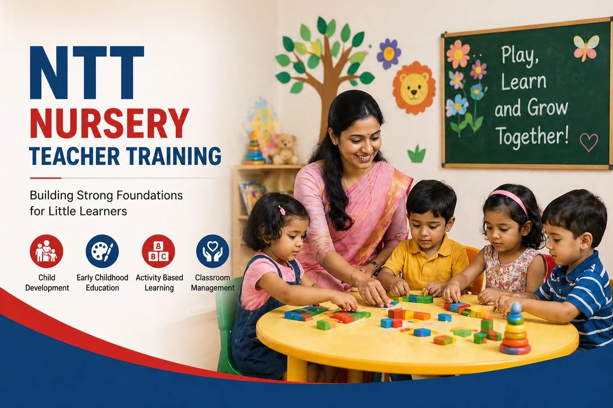 Teacher guiding preschool children in a colorful classroom for nursery teacher training.