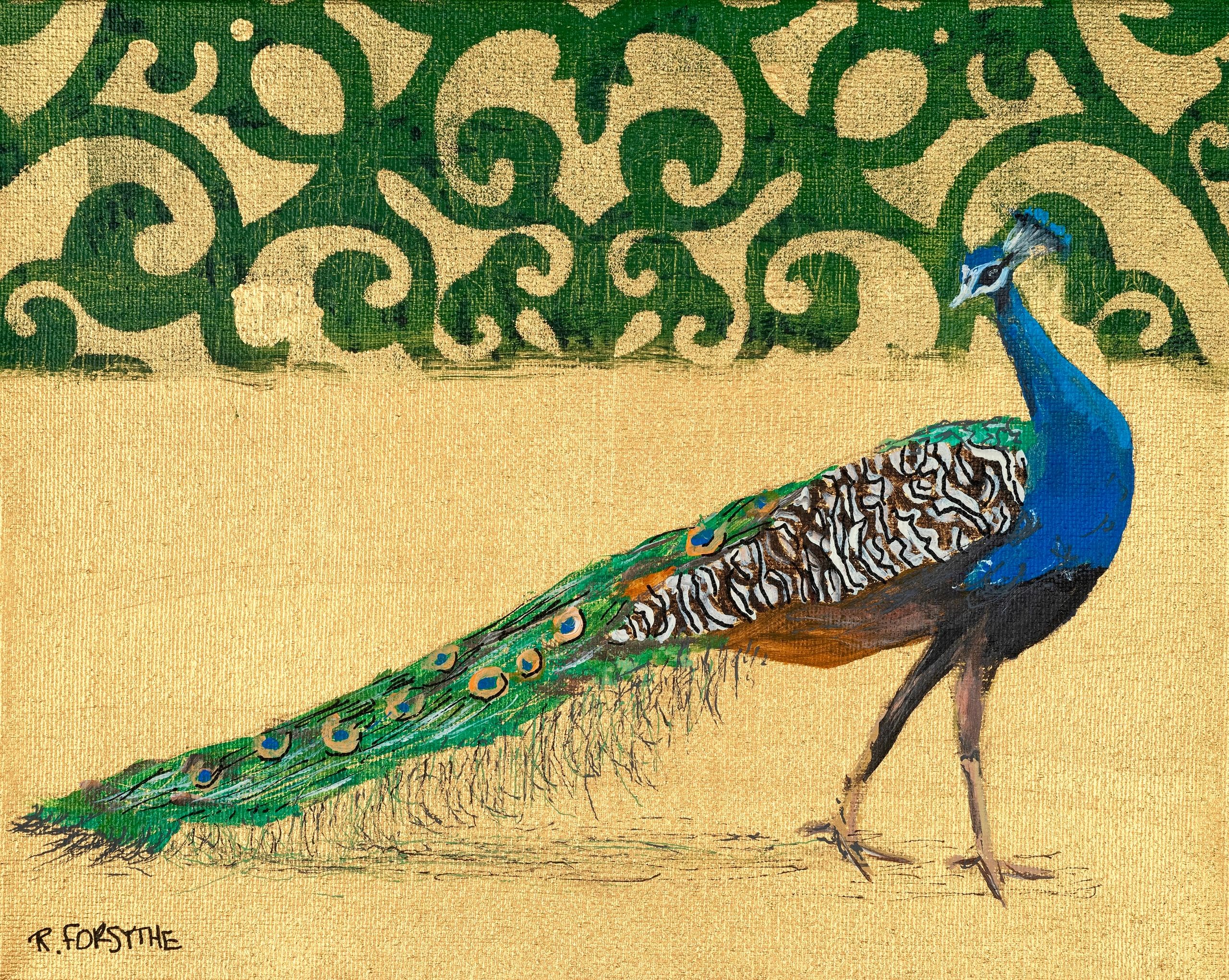 peacock and curvilinear pattern and gold