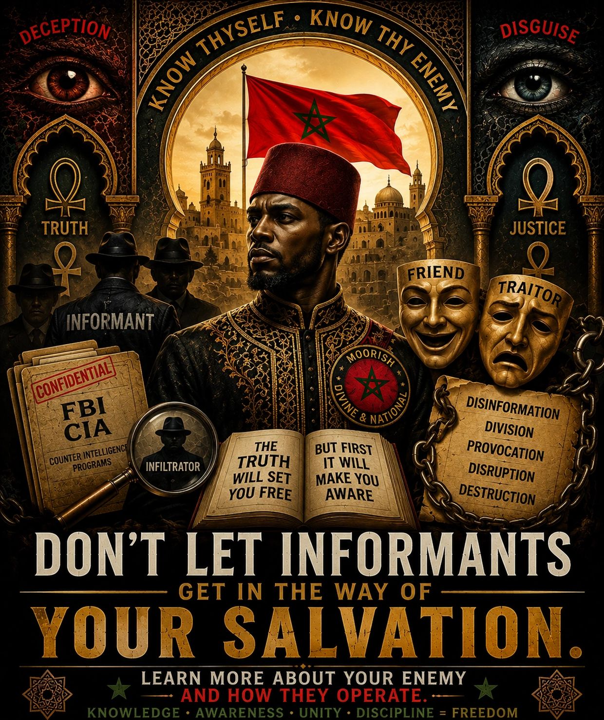 A poster warns against informants obstructing your salvation, urging awareness of enemies.