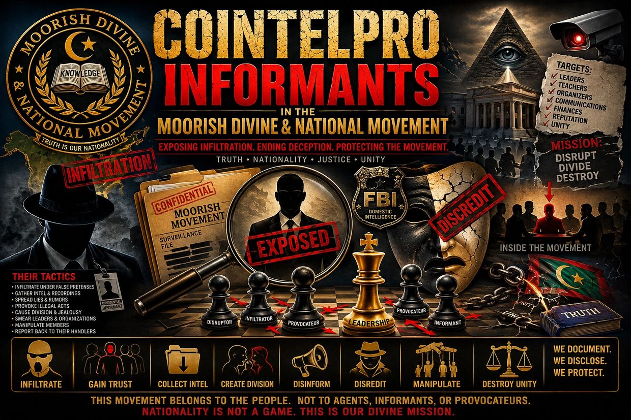 Illustration exposing COINTELPRO informants disrupting the Moorish Divine &amp; National Movement.