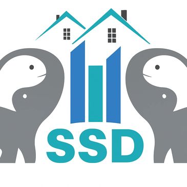 Logo with two stylized elephants, houses, and the letters SSD.