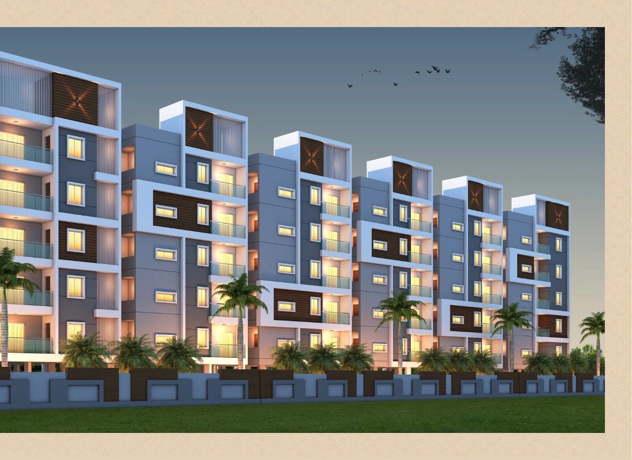 Modern apartment complex with evening lights and palm trees.