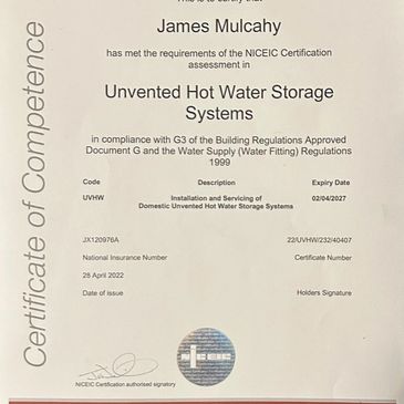 NICEIC certificate of competence for installation and servicing of unvented hot water cylinders 
