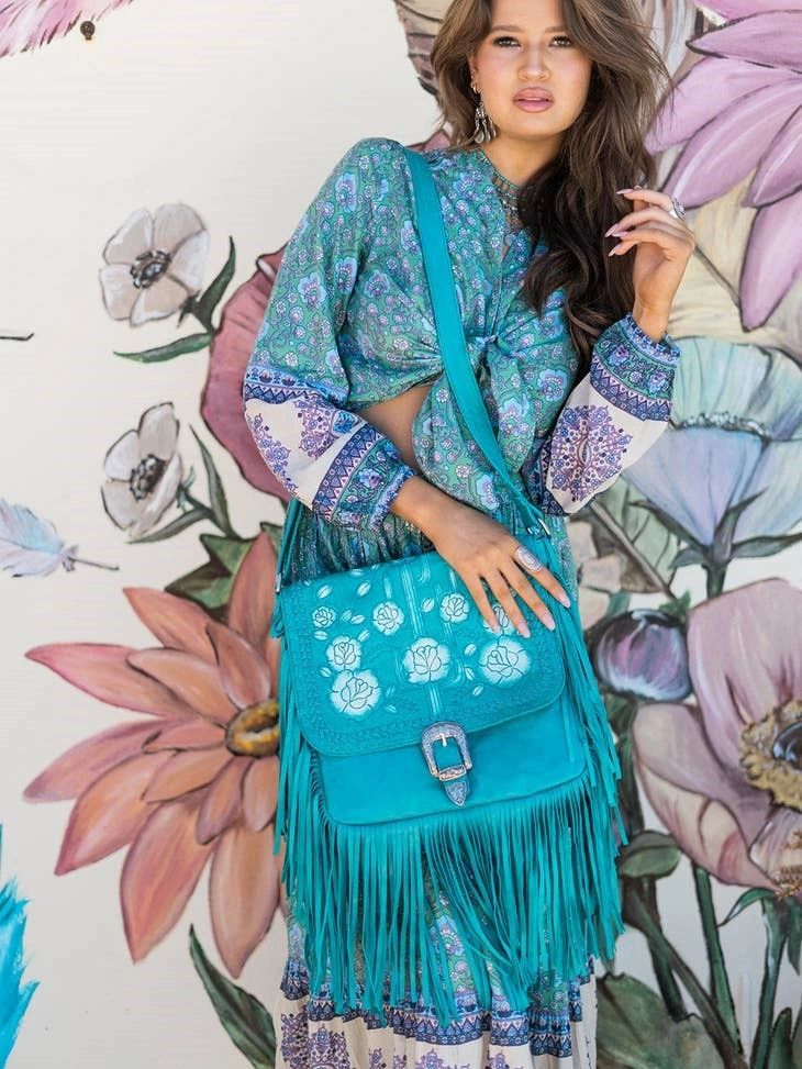 The Gallup Turquoise Acid Wash Fringe Purse