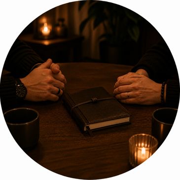 Two people sit at a table with a closed journal and candles.