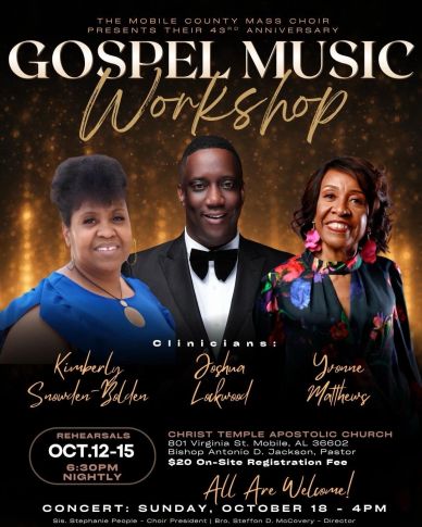 Gospel music workshop poster featuring three clinicians.