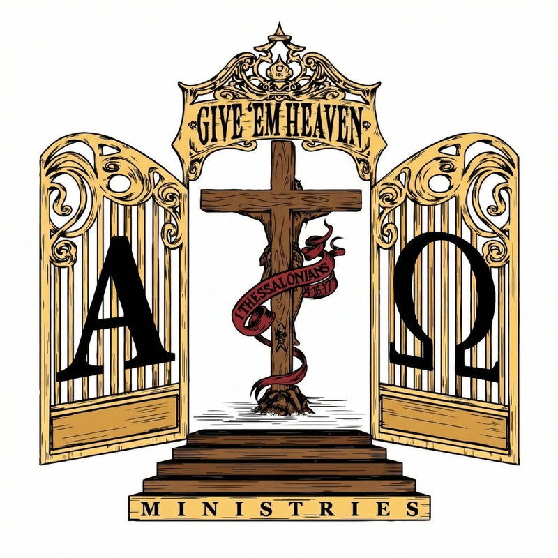 Give 'Em Heaven Ministries — gates of heaven with Alpha and Omega, cross of Christ within, and 1 Thessalonians 4:15-18 banner