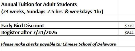Tuition fees for adult students with early bird discount and regular registration.