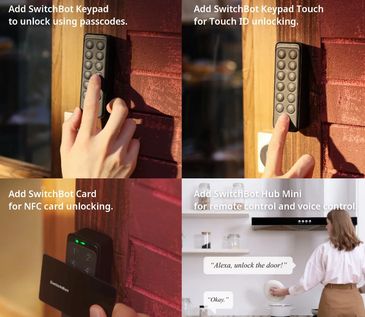 SwitchBot offers multiple unlocking options including keypad, Touch ID, NFC card, and voice control via Hub Mini.