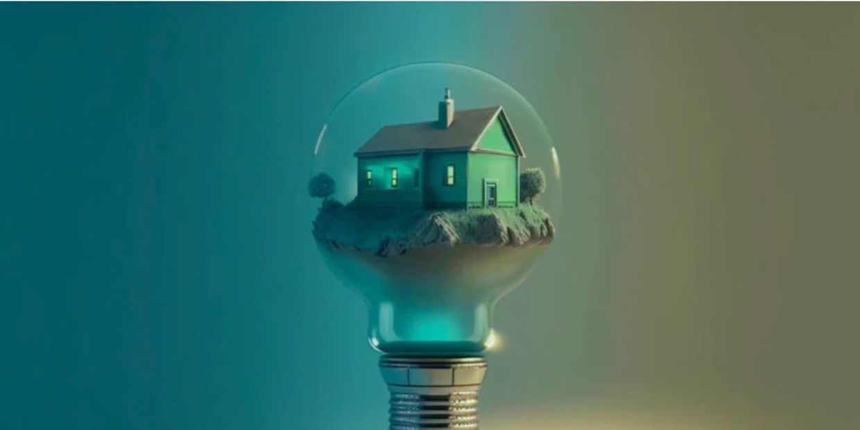 A house on a floating island inside a light bulb.