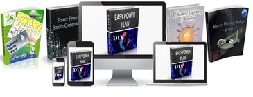 Various energy and power plan books displayed on multiple digital devices and physical formats.