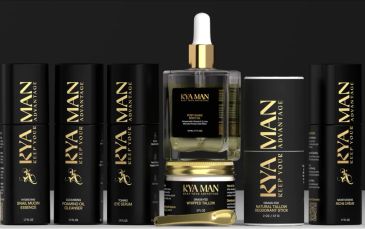 Luxury KYA MAN grooming products set with gold accents.