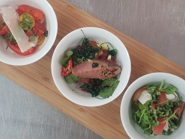 Heritage tomato salad, Thai spiced duck salad, Goat's cheese salad