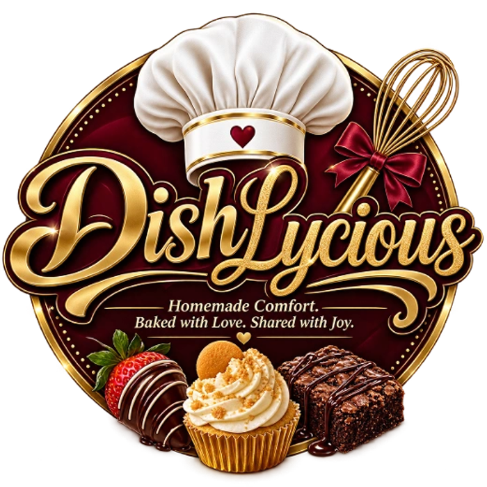 DishLyicious logo with chef hat, whisk, and desserts.