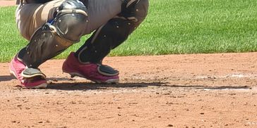 Baseball catcher squatting behind home plate.