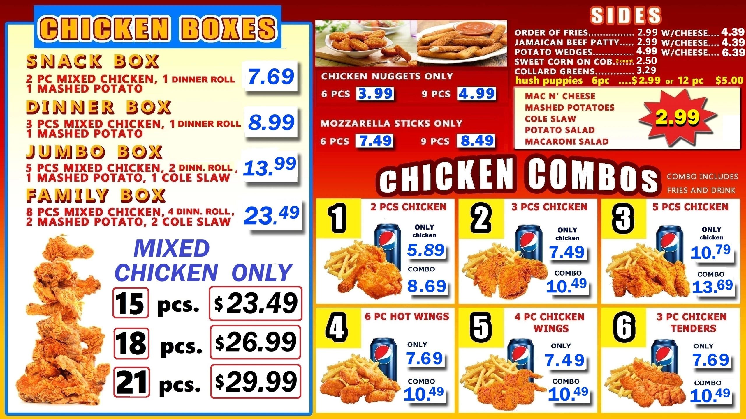 Menu showing chicken boxes, combos, sides, and prices with images of fried chicken and sides.