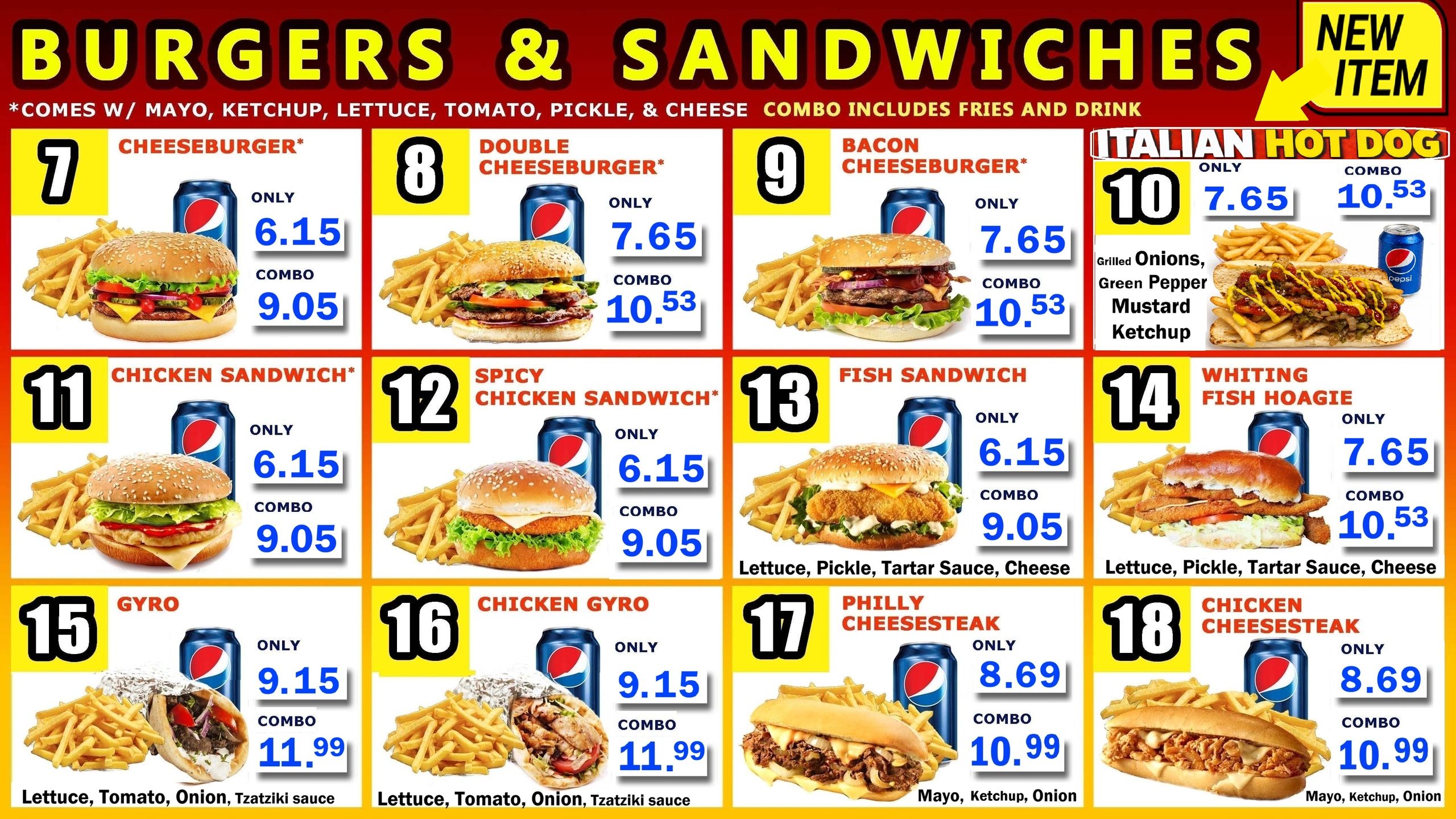 Menu showcasing burgers, sandwiches, and combos with fries and drink, featuring new Italian hot dog item.