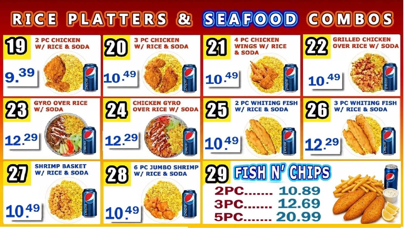 Menu of rice platters and seafood combos with prices and images of meals.