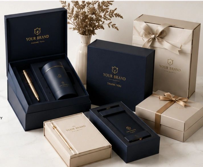 Elegant branded gift boxes with a pen, tumbler, and notebook.