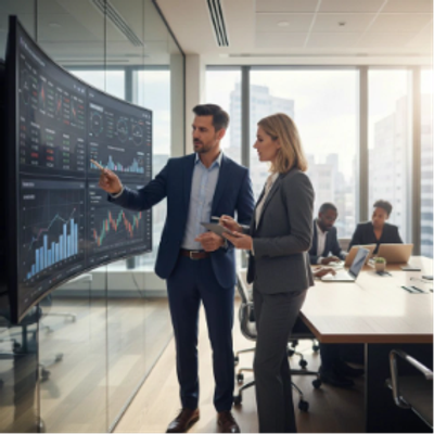 Business professionals analyzing financial data on a large screen in a modern office.
