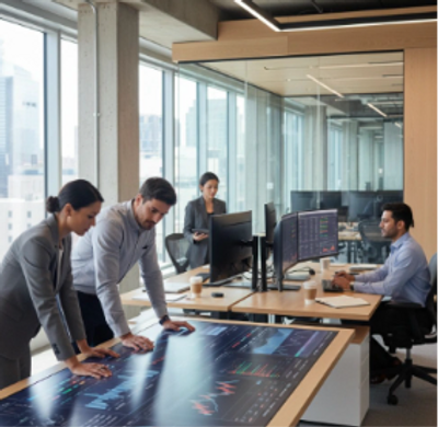 Professionals analyzing data on interactive digital screens in a modern office.