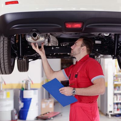 Mechanic inspecting the exhaust system of a car on a lift.