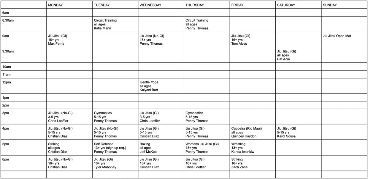 Weekly martial arts and fitness class schedule with Jiu Jitsu, Yoga, Gymnastics, and more.