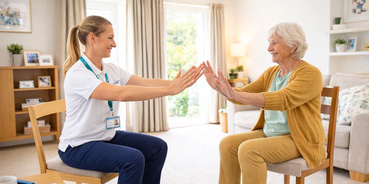 A caregiver and elderly woman engage in exercise at home.