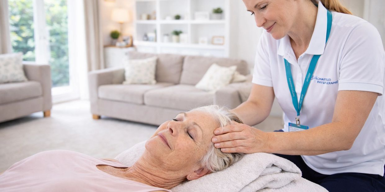 A physiotherapist gently massages an elderly woman's head at home.