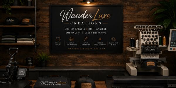 A cozy workspace showcasing embroidery and laser engraving equipment with a wooden backdrop.