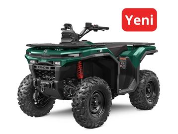 Green CFMOTO all-terrain vehicle with rugged tires and a new model label.