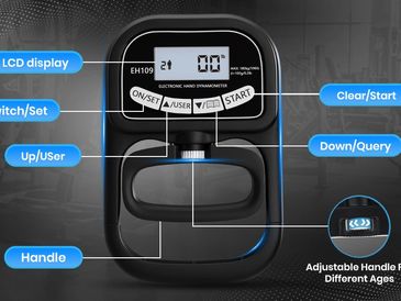 Electronic hand dynamometer with labeled buttons and adjustable handle for different ages.