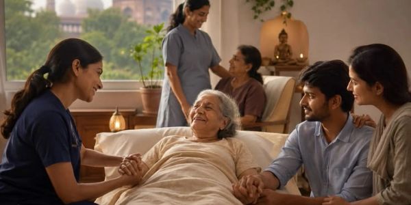 Family and nurse supporting elderly woman in bed at home.