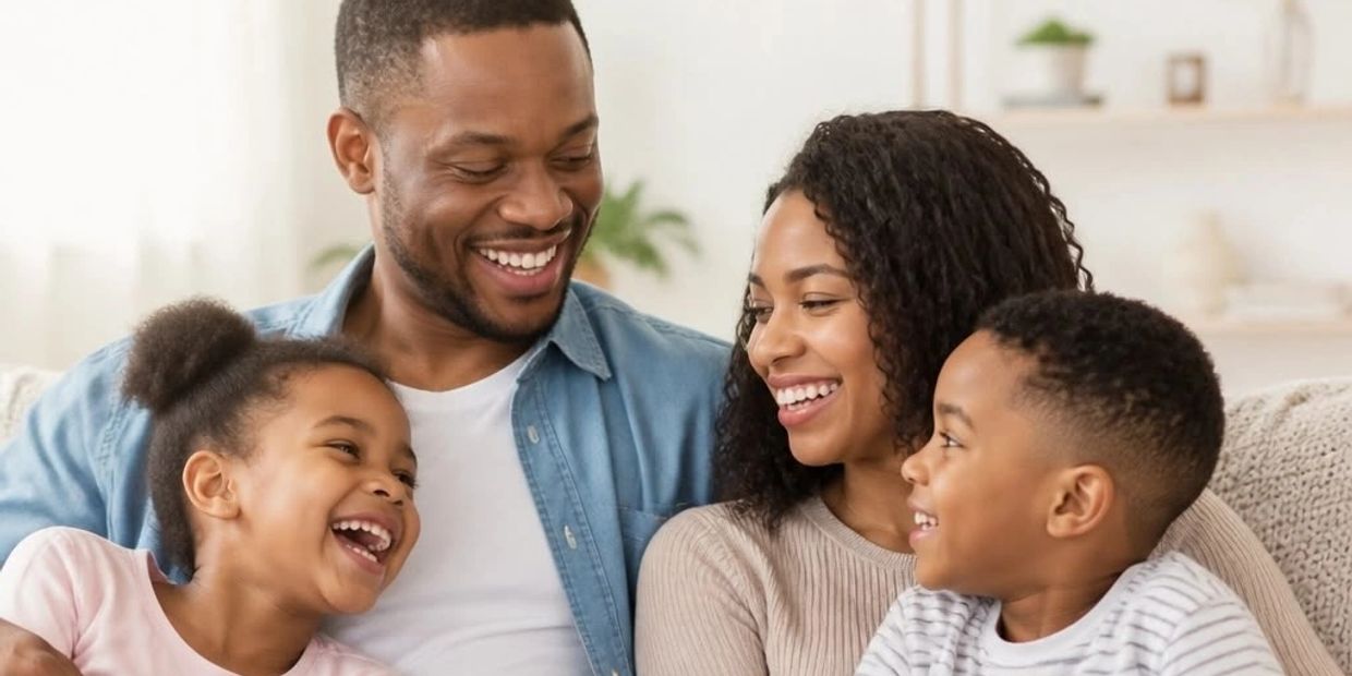 Happy family laughing together on a couch.