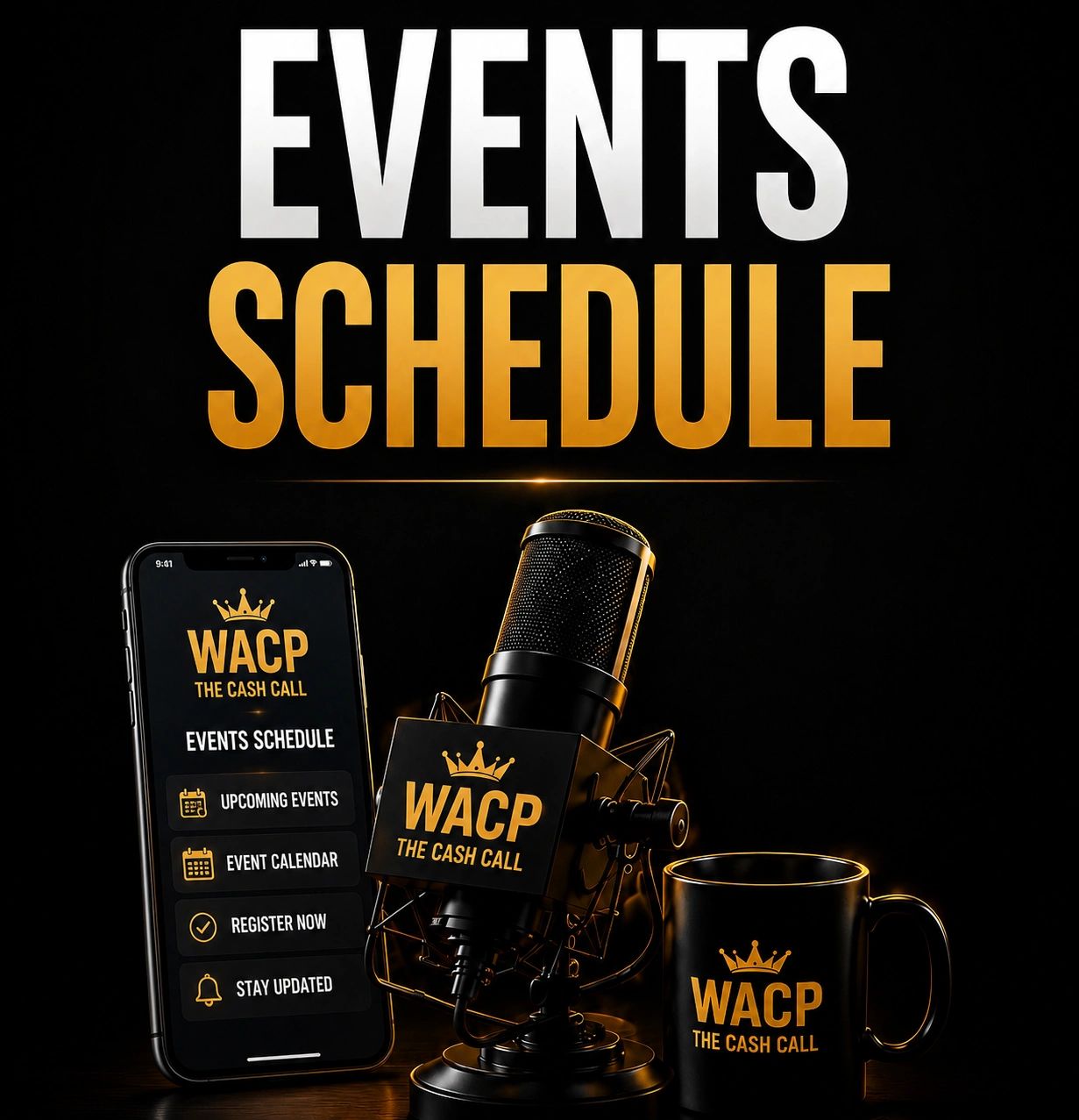 WACP The Cash Call events schedule with microphone, phone, and mug.