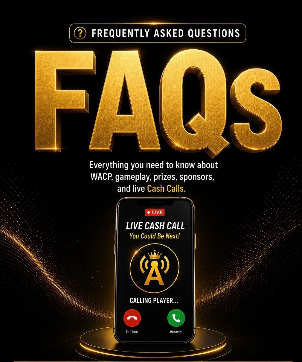 FAQ section highlighting live cash call gameplay and prizes with a glowing smartphone display.