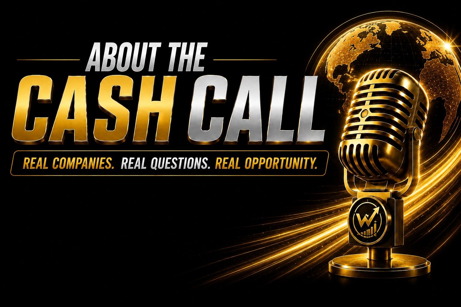 About the Cash Call podcast with a golden microphone and globe.