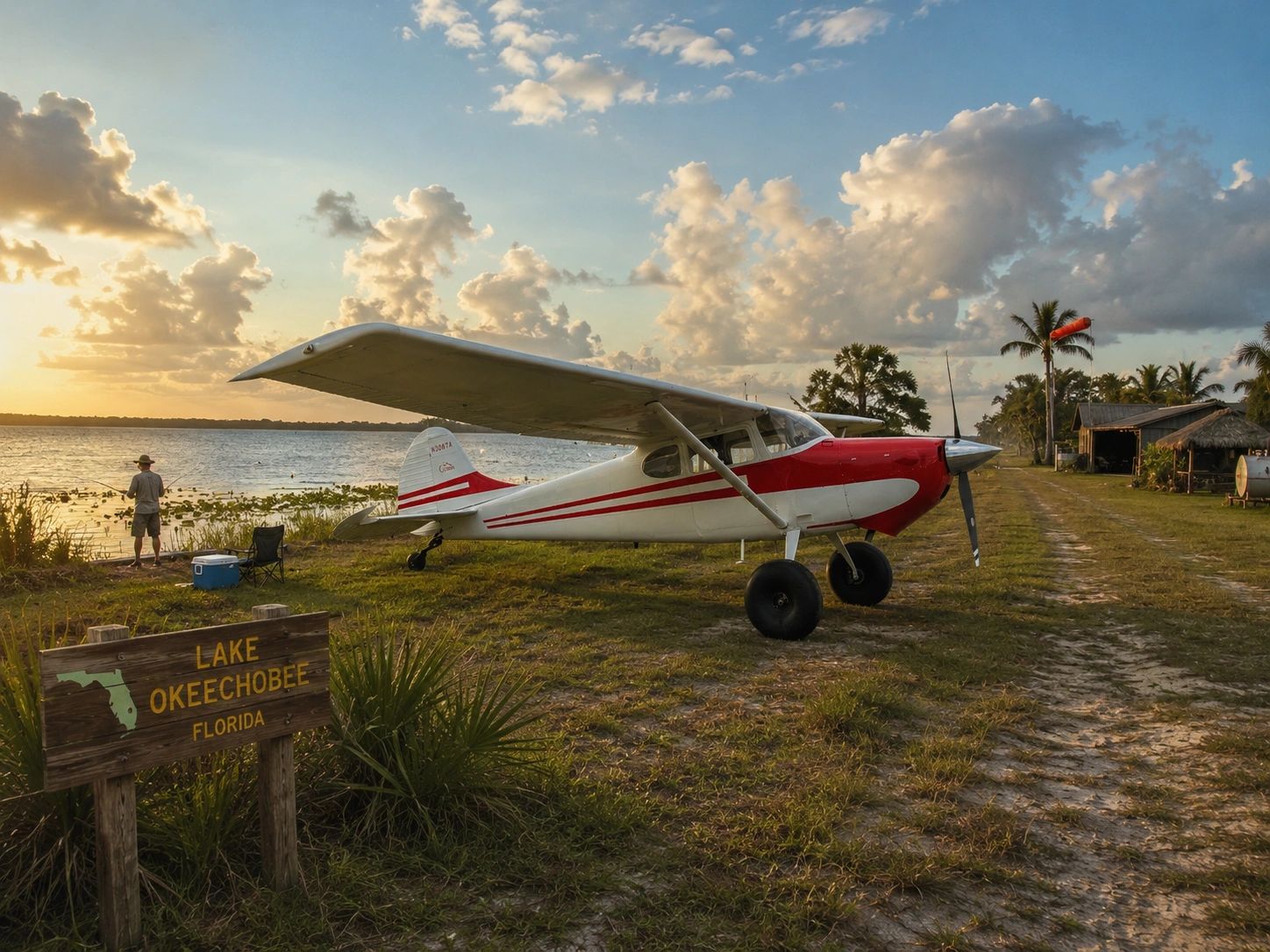 Small plane parked near Lake Okeechobee at sunset with a fisherman by the water.