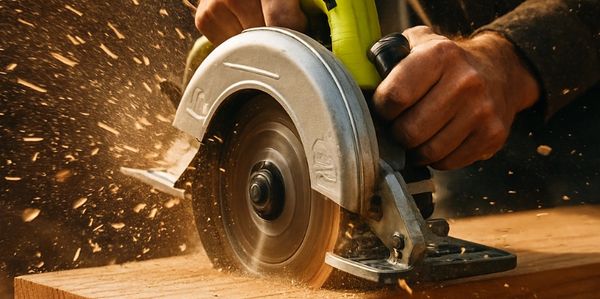 Close-up of hands using a circular saw to cut wood, with sawdust flying.