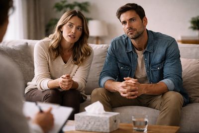 A couple attentively listens during a therapy session at home.
