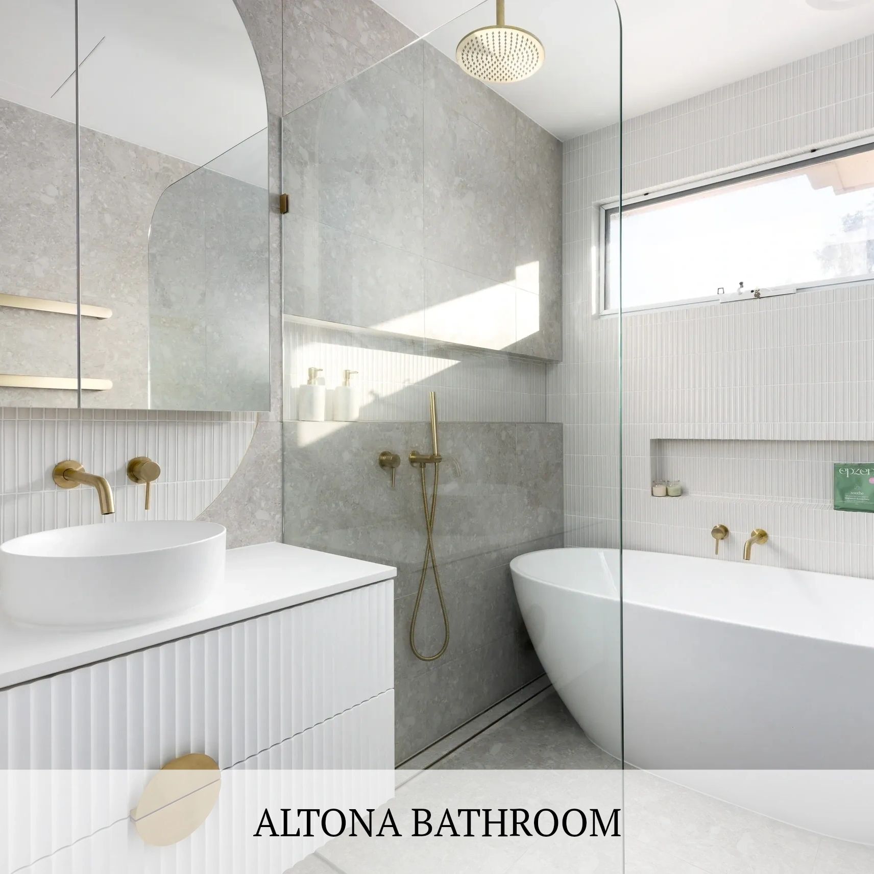 Altona North open shower bath area , kitkat tiles , profile page image link to main bathroom project