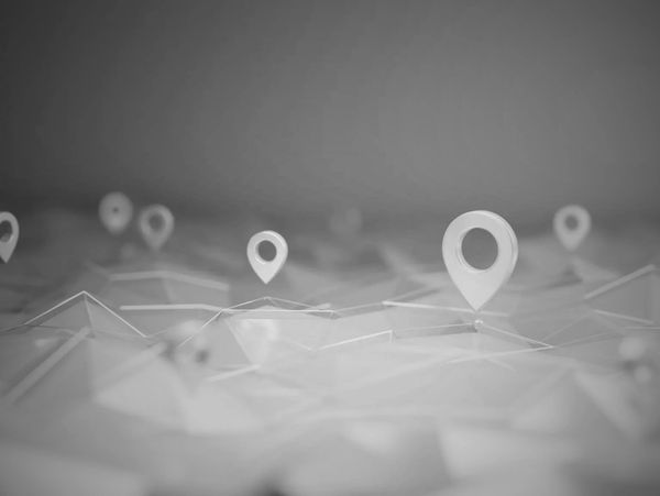 3D map with multiple location pins in grayscale.
