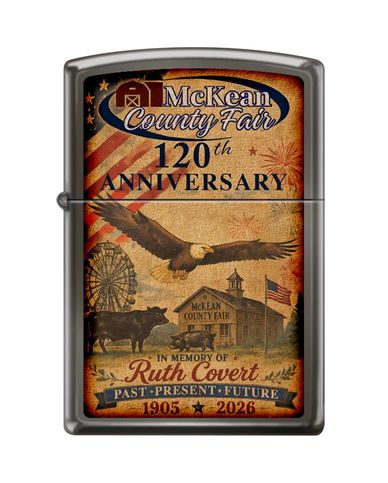 Zippo lighter with McKean County Fair 120th anniversary design.
