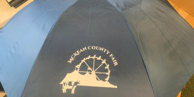 Umbrella with McKean County Fair logo and Ferris wheel design.