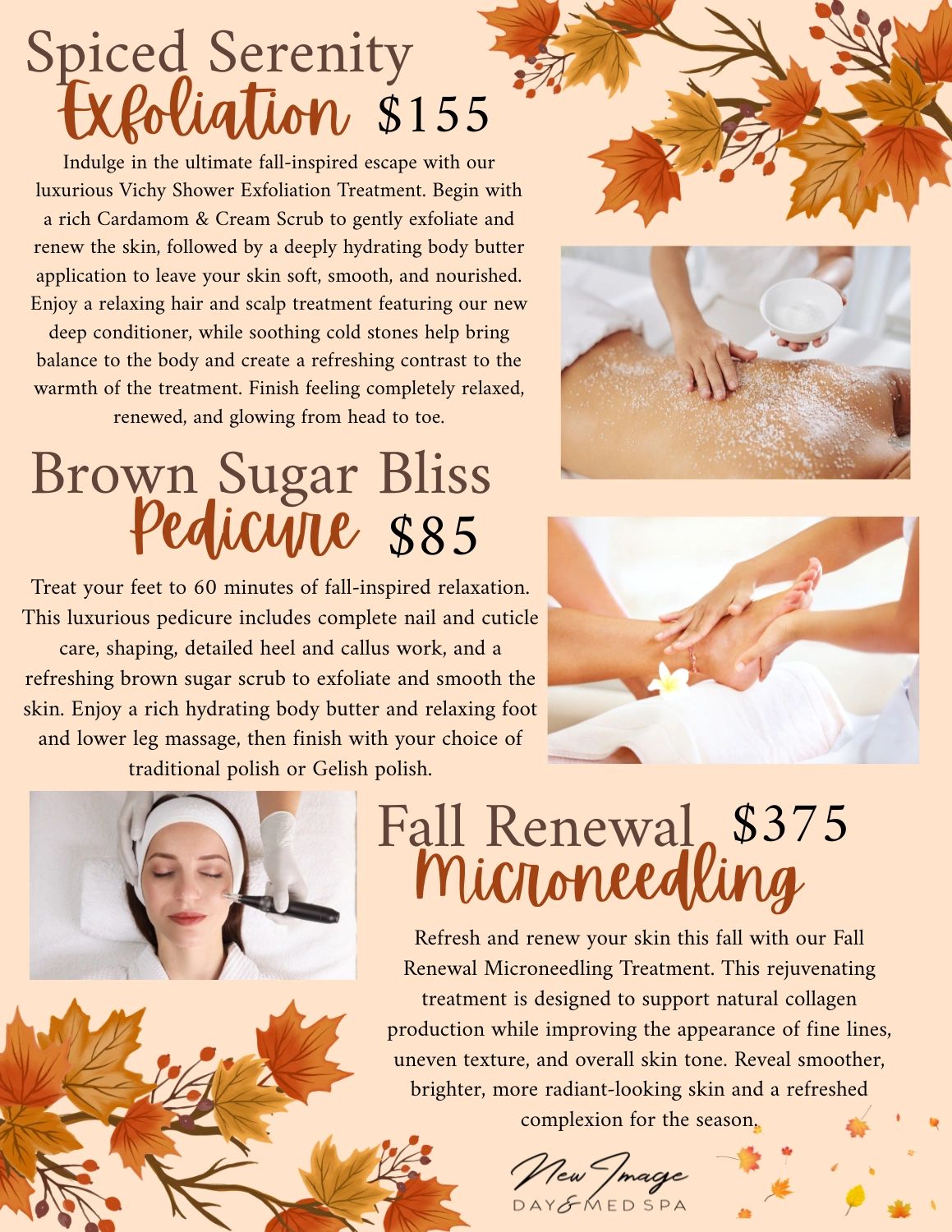 Fall spa treatments: exfoliation, pedicure, and microneedling.
