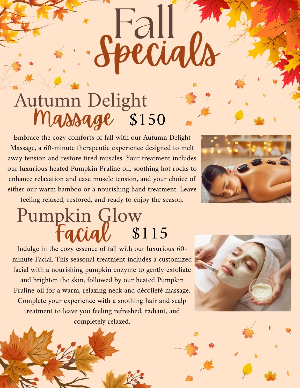 Fall specials offer cozy massage and facial treatments for relaxation.
