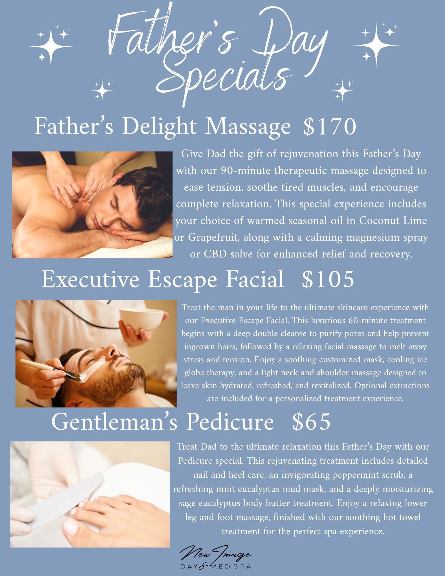 Father's Day spa specials featuring massages, facials, and pedicures for relaxation and rejuvenation.