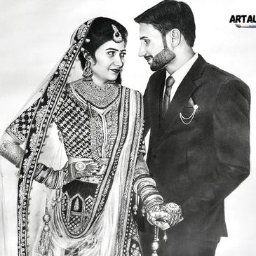 Artistic pencil sketch of an Indian couple, a stunning wedding dressed couple portrait by artaum