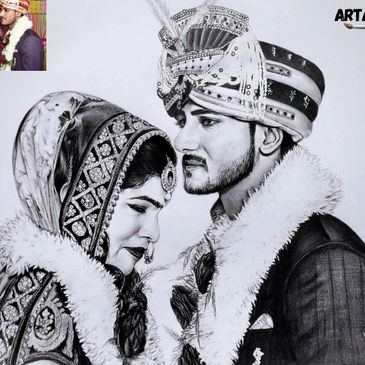 Handmade pencil drawing of an Indian couple, a beautiful portrait by artaum.