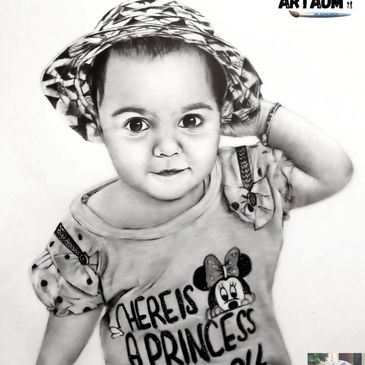 A handmade portrait of a baby wearing a hat alongside a child also wearing a hat, created by artaum